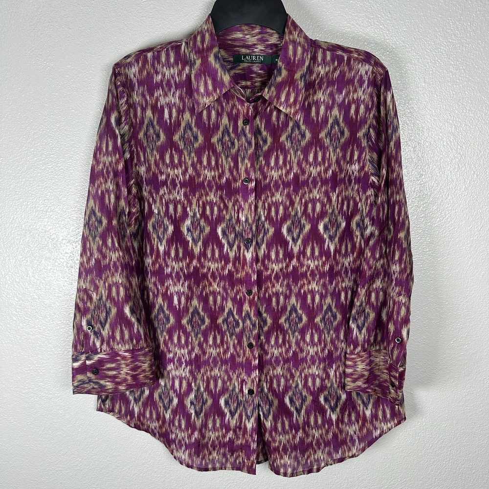 LAUREN Ralph Lauren Womens Medium Silk Cotton Button Up Shirt Purple Ikat Print